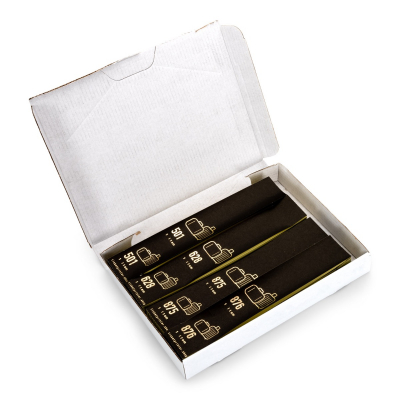 Box with 500 self-adhesive luggage tags, pre-printed, Black with gold print, series 501-1000